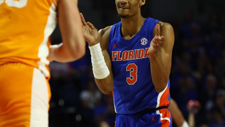 Feb 1, 2023; Gainesville, Florida, USA; Florida Gators forward Alex Fudge (3) celebrates against the Tennessee Volunteers during the first half at Exactech Arena at the Stephen C. O'Connell Center. Mandatory Credit: Kim Klement-USA TODAY Sports