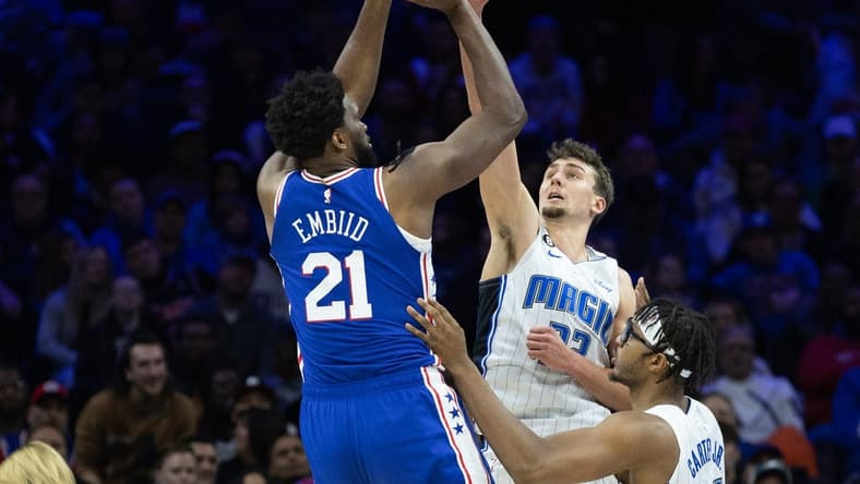 Feb 1, 2023; Philadelphia, Pennsylvania, USA; Philadelphia 76ers center Joel Embiid (21) shoots the ball over Orlando Magic forward Franz Wagner (22) during the second quarter at Wells Fargo Center. Mandatory Credit: Bill Streicher-USA TODAY Sports