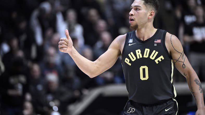 Feb 1, 2023; West Lafayette, Indiana, USA; Purdue Boilermakers forward Mason Gillis (0) gives a thumbs up to the bench during the second half against the Penn State Nittany Lions at Mackey Arena. The Boilermakers won 80 to 60. Mandatory Credit: Marc Lebryk-USA TODAY Sports