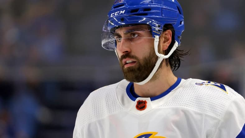Feb 1, 2023; Buffalo, New York, USA; Buffalo Sabres right wing Alex Tuch (89) during a stoppage in play against the Carolina Hurricanes during the second period at KeyBank Center. Mandatory Credit: Timothy T. Ludwig-USA TODAY Sports