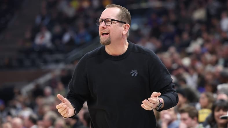 Feb 1, 2023; Salt Lake City, Utah, USA; Toronto Raptors head coach Nick Nurse reacts to a play against the Utah Jazz in the first quarter at Vivint Arena. Mandatory Credit: Rob Gray-USA TODAY Sports