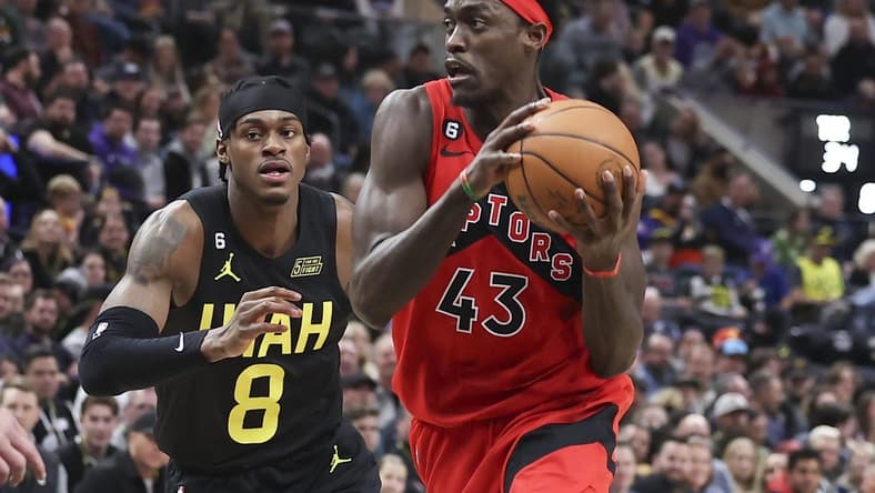 Feb 1, 2023; Salt Lake City, Utah, USA; Toronto Raptors forward Pascal Siakam (43) drives against Utah Jazz forward Jarred Vanderbilt (8) in the second quarter at Vivint Arena. Mandatory Credit: Rob Gray-USA TODAY Sports