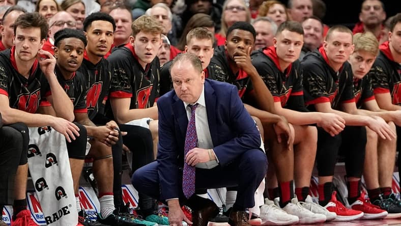 Feb 2, 2023; Columbus, OH, USA;  Wisconsin Badgers head coach Greg Gard watches from the bench during the second half of the NCAA men   s basketball game against the Ohio State Buckeyes at Value City Arena. Ohio State lost 65-60. Mandatory Credit: Adam Cairns-The Columbus Dispatch

Basketball Ceb Mbk Wisconsin Wisconsin At Ohio State