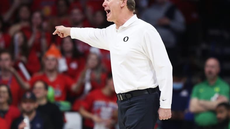 Feb 2, 2023; Tucson, Arizona, USA; Oregon Ducks head coach Dana Altman reacts on the sideline in the first hall at McKale Center. Mandatory Credit: Zachary BonDurant-USA TODAY Sports