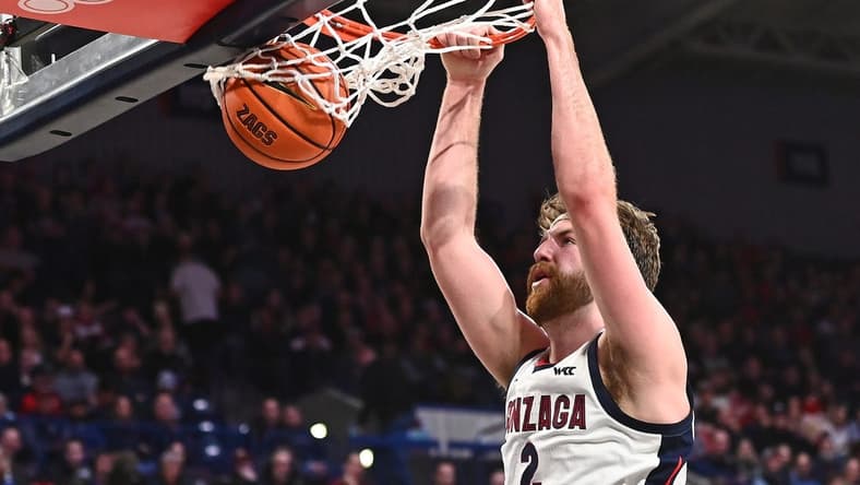 Feb 2, 2023; Spokane, Washington, USA; Gonzaga Bulldogs forward Drew Timme (2) dunks the ball against the Santa Clara Broncos in the second half at McCarthey Athletic Center. Gonzaga won 88-70. Mandatory Credit: James Snook-USA TODAY Sports