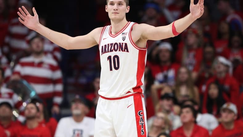Feb 2, 2023; Tucson, Arizona, USA; Arizona Wildcats forward Azuolas Tubelis (10) after a foul call in the second half at McKale Center. Mandatory Credit: Zachary BonDurant-USA TODAY Sports
