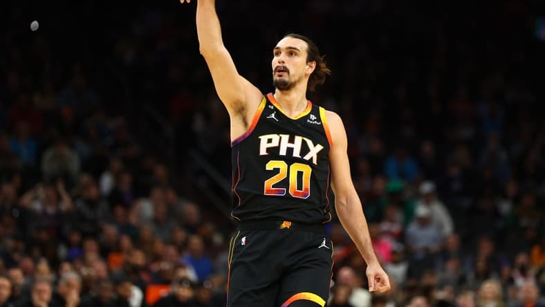 Jan 19, 2023; Phoenix, Arizona, USA; Phoenix Suns forward Dario Saric (20) against the Brooklyn Nets at Footprint Center. Mandatory Credit: Mark J. Rebilas-USA TODAY Sports