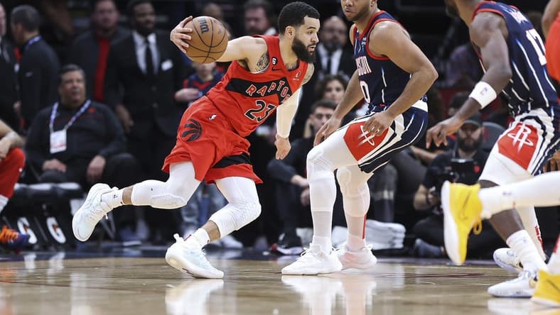 Feb 3, 2023; Houston, Texas, USA; Toronto Raptors guard Fred VanVleet (23) drives with the ball as Houston Rockets guard Eric Gordon (10) defends during the first quarter at Toyota Center. Mandatory Credit: Troy Taormina-USA TODAY Sports