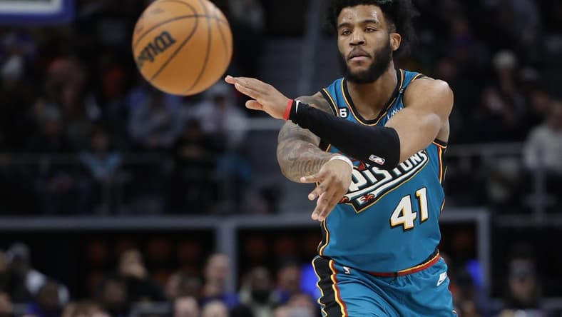 Feb 3, 2023; Detroit, Michigan, USA;  Detroit Pistons forward Saddiq Bey (41) passes in the second half against the Charlotte Hornets at Little Caesars Arena. Mandatory Credit: Rick Osentoski-USA TODAY Sports