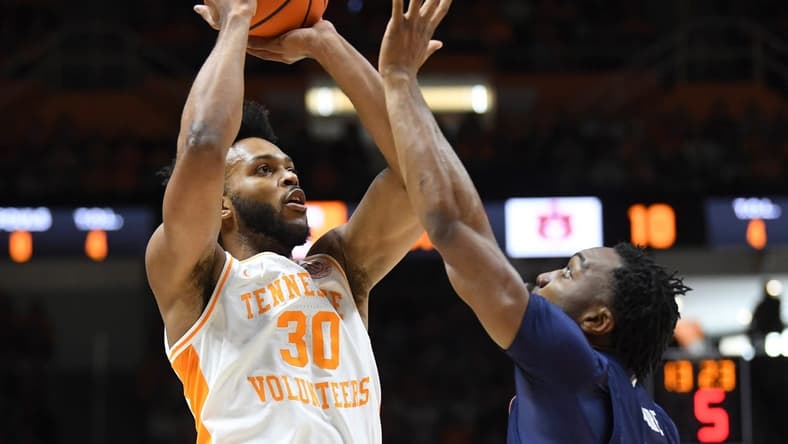 Tennessee guard Josiah-Jordan James (30) takes a shot during an NCAA college basketball game between the Auburn Tigers and the Tennessee Volunteers in Thompson-Boling Arena in Knoxville, Saturday Feb. 4, 2023.

Utauburn0204 0342