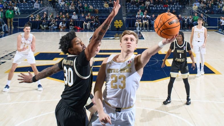 Feb 4, 2023; South Bend, Indiana, USA; Notre Dame Fighting Irish guard Dane Goodwin (23) goes up for a shot as Wake Forest Demon Deacons guard Damari Monsanto (30) defends in the first half at the Purcell Pavilion. Mandatory Credit: Matt Cashore-USA TODAY Sports