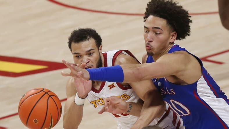 Iowa State University Cyclones guard Jaren Holmes (13) steals the ball from Kansas Jayhawks forward Jalen Wilson (10) during the second half at Hilton Coliseum Saturday, Feb. 4, 2023, in Ames, Iowa.
Kansas And Iowa State Men S Basketball