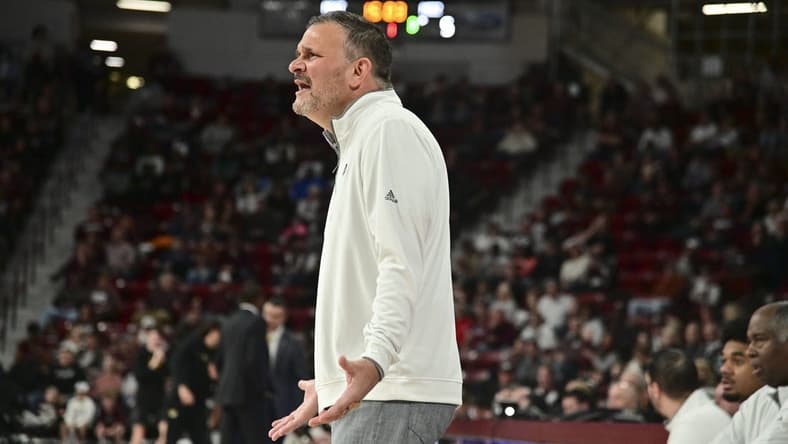 Feb 4, 2023; Starkville, Mississippi, USA; Mississippi State Bulldogs head coach Chris Jans reacts after a play during the first half of the game against the Missouri Tigers at Humphrey Coliseum. Mandatory Credit: Matt Bush-USA TODAY Sports
