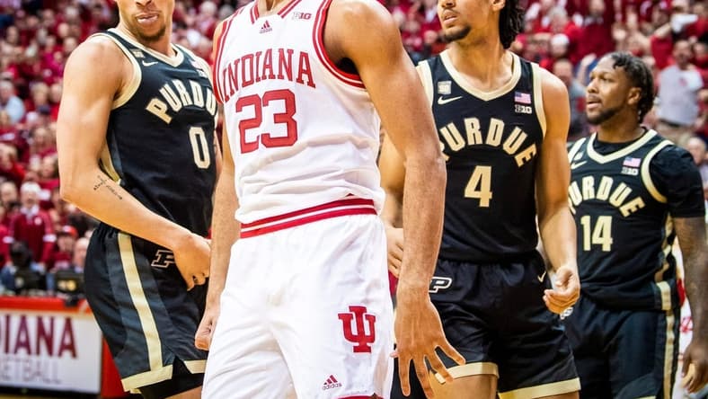 Indiana's Trayce Jackson-Davis (23) stares at the Purdue bench after a dunk during the first half of the Indiana versus Purdue men's basketball game at Simon Skjodt Assembly Hall on Saturday, Feb. 4, 2023.

Iu Pu Mbb 1h Tjd Stare