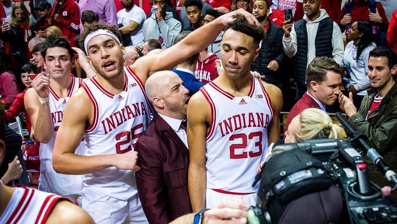 Indiana's Race Thompson (25) congratulates Trayce Jackson-Davis (23) after the Indiana versus Purdue men's basketball game at Simon Skjodt Assembly Hall on Saturday, Feb. 4, 2023.
Iu Pu Mbb 2h Thompson Tjd