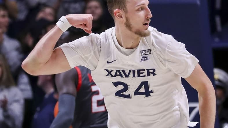 Feb 4, 2023; Cincinnati, Ohio, USA; Xavier Musketeers forward Jack Nunge (24) reacts after a play against the St. John's Red Storm in the first half at Cintas Center. Mandatory Credit: Katie Stratman-USA TODAY Sports