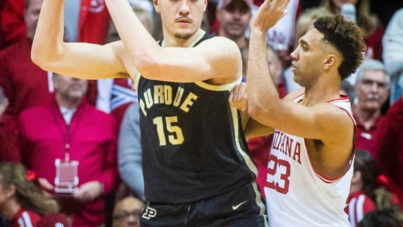 Purdue's Zach Edey (15) works against Indiana's Trayce Jackson-Davis (23) during the first half of the Indiana versus Purdue men's basketball game at Simon Skjodt Assembly Hall on Saturday, Feb. 4, 2023.
Iu Pu Mbb 1h Edey 4
