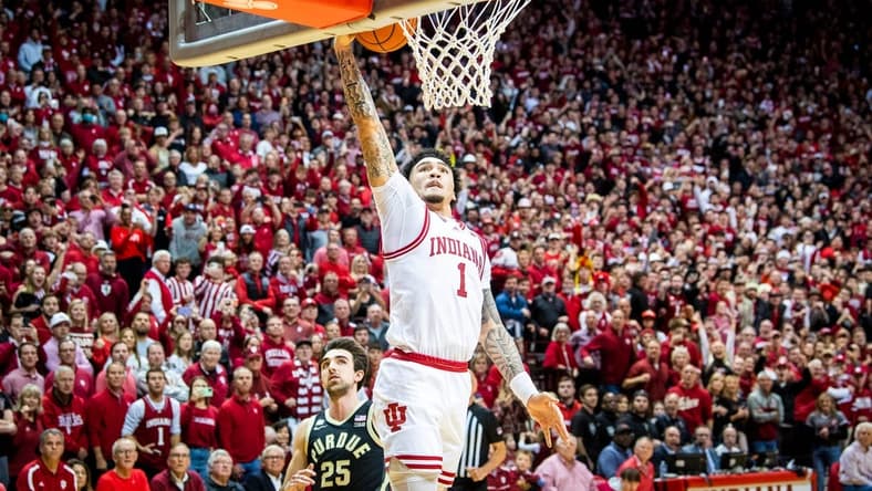 Indiana's Jalen Hood-Schifino (1) dunks during the second half of the Indiana versus Purdue men's basketball game at Simon Skjodt Assembly Hall on Saturday, Feb. 4, 2023.
Iu Pu Mbb 2h Jhs 3