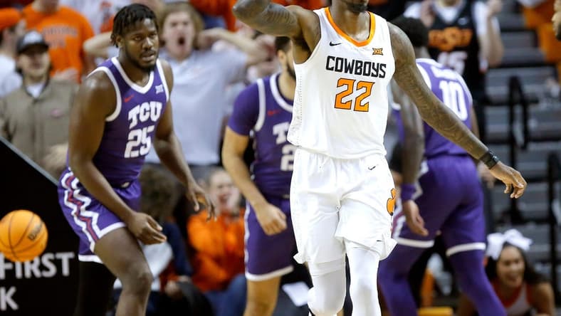 Oklahoma State's Kalib Boone (22) celebrates after a basket in the first half during the men's college basketball game between the Oklahoma State Cowboys and TCU Horned Frogs at Gallagher-IBA Arena in Stillwater, Okla., Saturday, Feb.4, 2023.
osuhoops -- print1