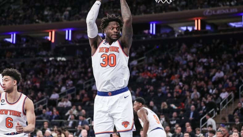 Feb 4, 2023; New York, New York, USA; New York Knicks forward Julius Randle (30) grabs a rebound in the third quarter against the LA Clippers at Madison Square Garden. Mandatory Credit: Wendell Cruz-USA TODAY Sports