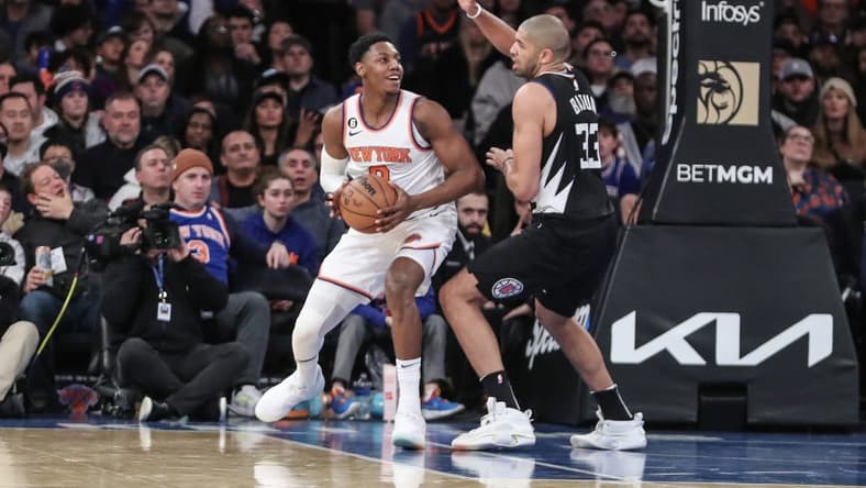 Feb 4, 2023; New York, New York, USA;  New York Knicks guard RJ Barrett (9) looks to post up against LA Clippers forward Nicolas Batum (33) in the third quarter at Madison Square Garden. Mandatory Credit: Wendell Cruz-USA TODAY Sports