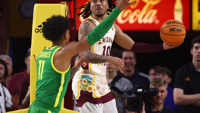Feb 4, 2023; Tempe, Arizona, USA; Arizona State Sun Devils guard Frankie Collins (10) against the Oregon Ducks in the first half at Desert Financial Arena. Mandatory Credit: Mark J. Rebilas-USA TODAY Sports