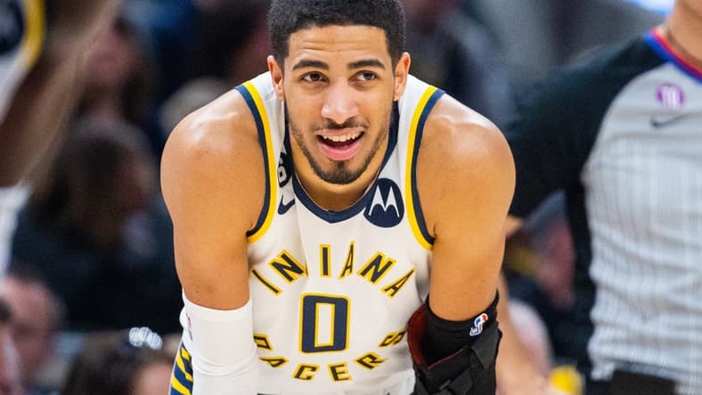 Feb 5, 2023; Indianapolis, Indiana, USA; Indiana Pacers guard Tyrese Haliburton (0) in the second half against the Cleveland Cavaliers at Gainbridge Fieldhouse. Mandatory Credit: Trevor Ruszkowski-USA TODAY Sports