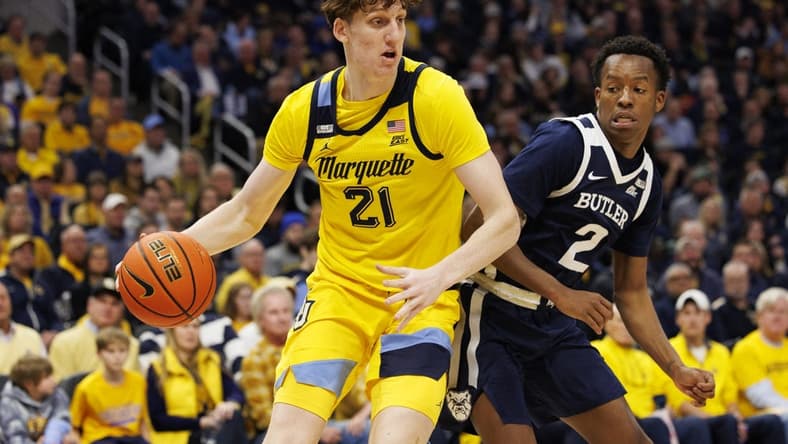 Feb 4, 2023; Milwaukee, Wisconsin, USA; Marquette Golden Eagles forward Ben Gold (21) during the game against the Butler Bulldogs at Fiserv Forum. Mandatory Credit: Jeff Hanisch-USA TODAY Sports
