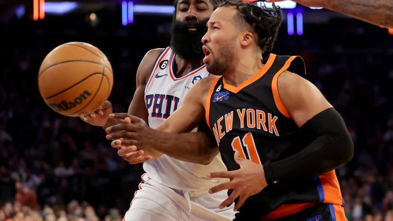Feb 5, 2023; New York, New York, USA; Philadelphia 76ers guard James Harden (1) knocks the ball away from New York Knicks guard Jalen Brunson (11) during the third quarter at Madison Square Garden. Mandatory Credit: Brad Penner-USA TODAY Sports