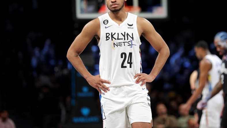 Feb 6, 2023; Brooklyn, New York, USA; Brooklyn Nets guard Cam Thomas (24) reacts during the fourth quarter against the Los Angeles Clippers at Barclays Center. Mandatory Credit: Brad Penner-USA TODAY Sports
