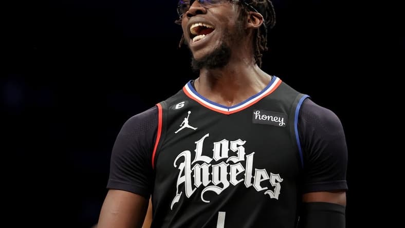 Feb 6, 2023; Brooklyn, New York, USA; Los Angeles Clippers guard Reggie Jackson (1) reacts during the fourth quarter against the Brooklyn Nets at Barclays Center. Mandatory Credit: Brad Penner-USA TODAY Sports