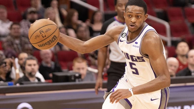 Feb 6, 2023; Houston, Texas, USA; Sacramento Kings guard De'Aaron Fox (5) dribbles against the Houston Rockets in the fourth quarter at Toyota Center. Mandatory Credit: Thomas Shea-USA TODAY Sports