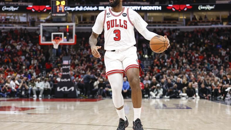 Feb 6, 2023; Chicago, Illinois, USA; Chicago Bulls center Andre Drummond (3) drives to the basket against the San Antonio Spurs during the first half at United Center. Mandatory Credit: Kamil Krzaczynski-USA TODAY Sports