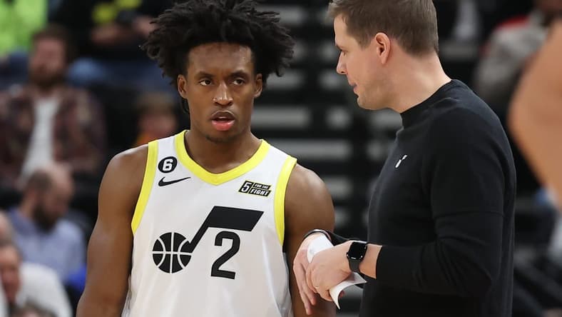 Feb 6, 2023; Salt Lake City, Utah, USA; Utah Jazz guard Collin Sexton (2) and head coach Will Hardy (right) speak during a break in action against the Dallas Mavericks at Vivint Arena. Mandatory Credit: Rob Gray-USA TODAY Sports