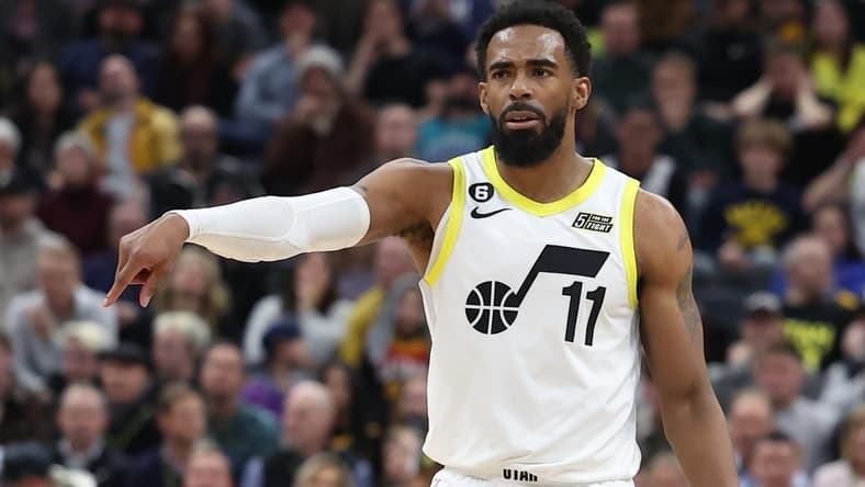 Feb 6, 2023; Salt Lake City, Utah, USA; Utah Jazz guard Mike Conley (11) calls a play against the Dallas Mavericks in the fourth quarter at Vivint Arena. Mandatory Credit: Rob Gray-USA TODAY Sports