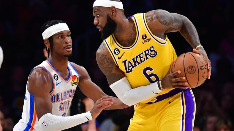 Feb 7, 2023; Los Angeles, California, USA; Oklahoma City Thunder guard Shai Gilgeous-Alexander (2) defends against Los Angeles Lakers forward LeBron James (6) in the second quarter at Crypto.com Arena. Mandatory Credit: Gary A. Vasquez-USA TODAY Sports