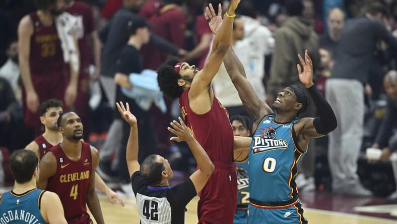 Feb 8, 2023; Cleveland, Ohio, USA; Cleveland Cavaliers center Jarrett Allen (31) and Detroit Pistons center Jalen Duren (0) jump for the ball in the first quarter at Rocket Mortgage FieldHouse. Mandatory Credit: David Richard-USA TODAY Sports