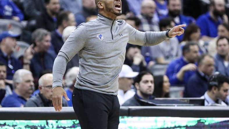 Feb 8, 2023; Newark, New Jersey, USA; Seton Hall Pirates head coach Shaheen Holloway yells out instructions in the first half against the Creighton Bluejays at Prudential Center. Mandatory Credit: Wendell Cruz-USA TODAY Sports