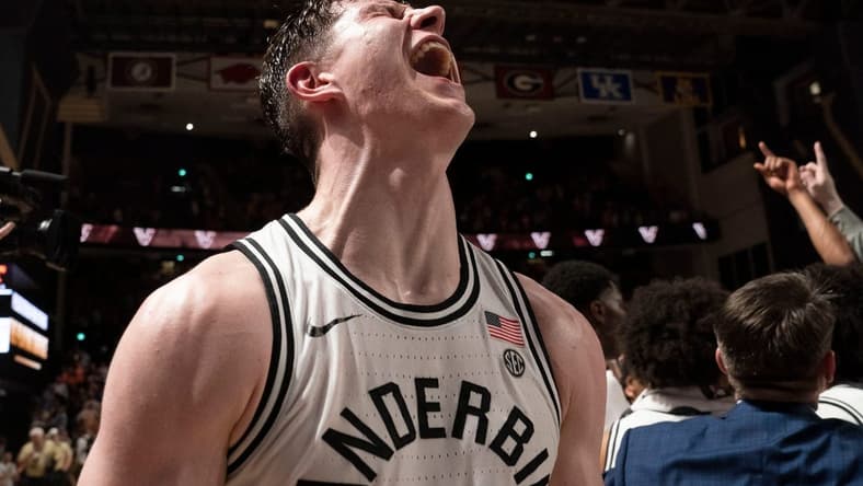 Vanderbilt forward Liam Robbins (21) celebrates after defeating Tennessee 66 to 65 at Memorial Gymnasium Wednesday, Feb. 8, 2023, in Nashville, Tenn.
Ncaa Basketball Tennessee At Vanderbilt