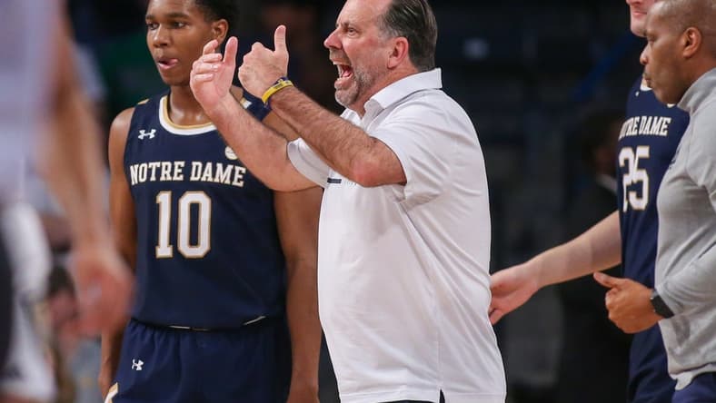 Feb 8, 2023; Atlanta, Georgia, USA; Notre Dame Fighting Irish head coach Mike Brey on the sideline against the Georgia Tech Yellow Jackets in the second half at McCamish Pavilion. Mandatory Credit: Brett Davis-USA TODAY Sports