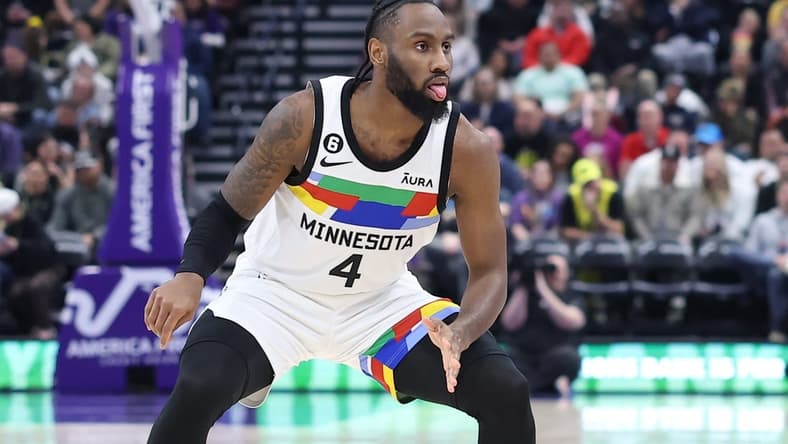 Feb 8, 2023; Salt Lake City, Utah, USA; Minnesota Timberwolves guard Jaylen Nowell (4) reacts to making a three point shot at the buzzer against the Utah Jazz to end the first half at Vivint Arena. Mandatory Credit: Rob Gray-USA TODAY Sports