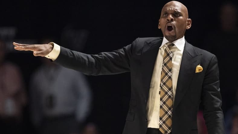 Feb 8, 2023; Nashville, Tennessee, USA;   Vanderbilt Commodores head coach Jerry Stackhouse yells at his players during the second half against the Tennessee Volunteers at Memorial Gymnasium. Vanderbilt defeated Tennessee 66 to 65.  Mandatory Credit: George Walker IV - USA TODAY Sports