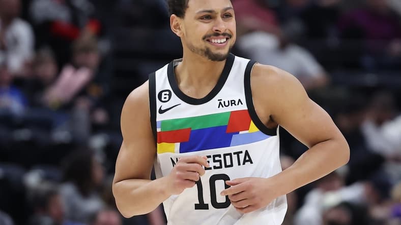 Feb 8, 2023; Salt Lake City, Utah, USA; Minnesota Timberwolves guard Bryn Forbes (10) reacts to making a three point shot against the Utah Jazz in the fourth quarter at Vivint Arena. Mandatory Credit: Rob Gray-USA TODAY Sports