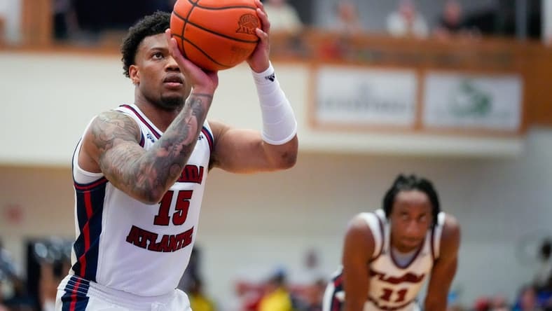 Feb 9, 2023; Boca Raton, Florida, USA; Florida Atlantic Owls guard Alijah Martin (15) takes a free throw against the Rice Owls during the second half at Eleanor R. Baldwin Arena. Mandatory Credit: Rich Storry-USA TODAY Sports
