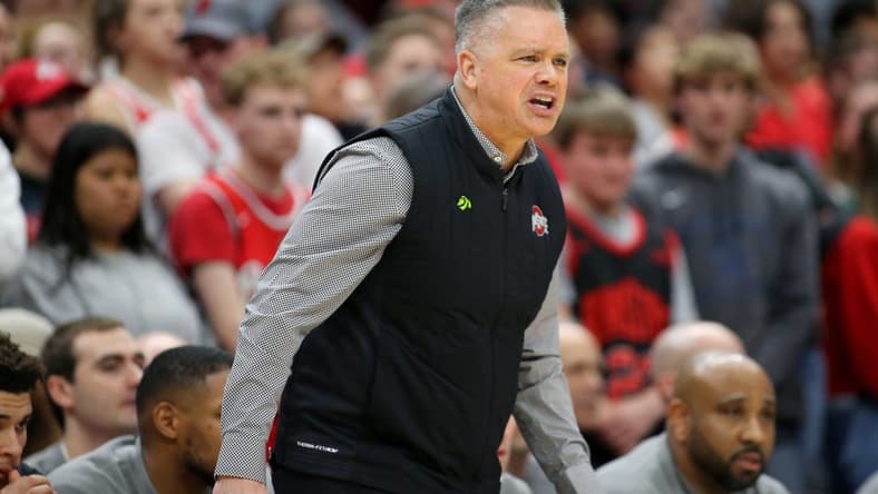 Feb 9, 2023; Columbus, Ohio, USA; Ohio State Buckeyes head coach Chris Holtmann reacts to a call during the second half against the Northwestern Wildcats at Value City Arena. Mandatory Credit: Joseph Maiorana-USA TODAY Sports