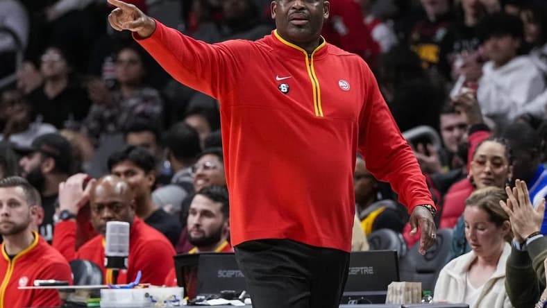 Feb 9, 2023; Atlanta, Georgia, USA; Atlanta Hawks head coach Nate McMillan reacts to a call during the game against the Phoenix Suns during the second half at State Farm Arena. Mandatory Credit: Dale Zanine-USA TODAY Sports