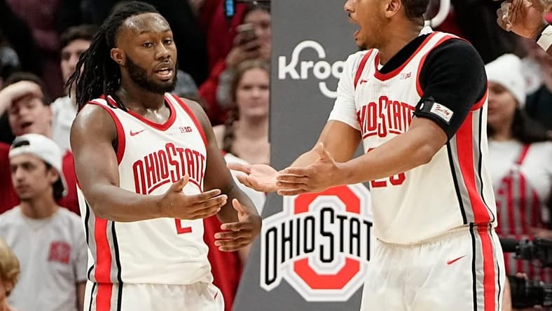 Feb 9, 2023; Columbus, OH, USA; Ohio State Buckeyes guard Bruce Thornton (2) talks to forward Zed Key (23) during the second half of the NCAA men s basketball game against the Northwestern Wildcats at Value City Arena. Ohio State lost 69-63. Mandatory Credit: Adam Cairns-The Columbus Dispatch
Basketball Ceb Mbk Northwestern Northwestern At Ohio State
