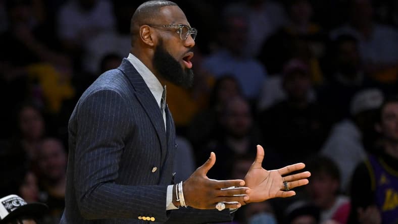 Feb 9, 2023; Los Angeles, California, USA; Los Angeles Lakers forward LeBron James (6) reacts on the bench after a foul call in the first half against the Milwaukee Bucks at Crypto.com Arena. Mandatory Credit: Jayne Kamin-Oncea-USA TODAY Sports