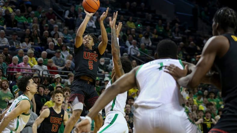 USC guard Boogie Ellis puts up a shot as the Oregon Ducks host the Southern California Trojans Thursday, Feb. 9, 2023, at Matthew Knight Arena in Eugene, Ore.
Ncaa Basketball Usc At Oregon Mbb Southern California At Oregon
