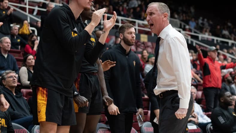 Feb 9, 2023; Stanford, California, USA;  Arizona State Sun Devils head coach Bobby Hurley reacts during the second half against the Stanford Cardinal at Maples Pavilion. Mandatory Credit: Stan Szeto-USA TODAY Sports